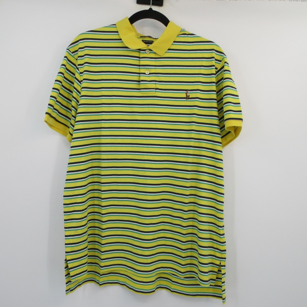 Polo Ralph Lauren Mens XL Pima Soft Touch Striped Polo Shirt Yellow Green Navy